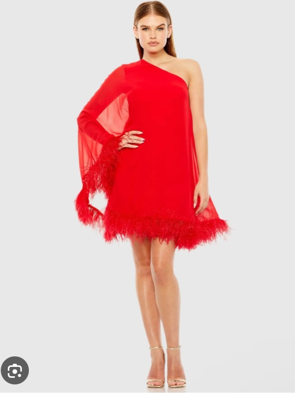 MAC DUGGAL One Shoulder Trapeze Dress with Feather Trim in Red